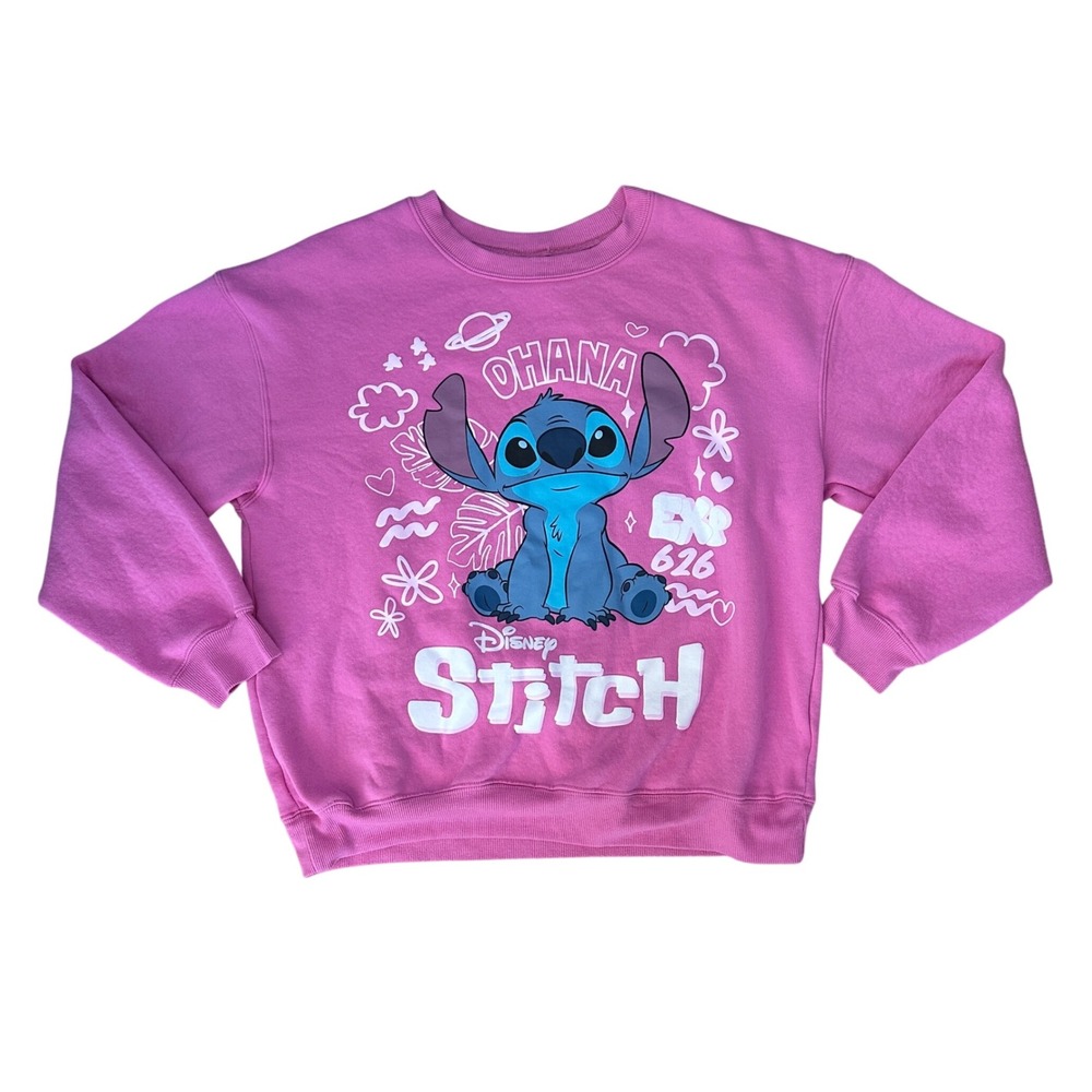 Disney Stitch Ohana‎ Pink Graphic Pullover Sweatshirt Medium Youth Kids